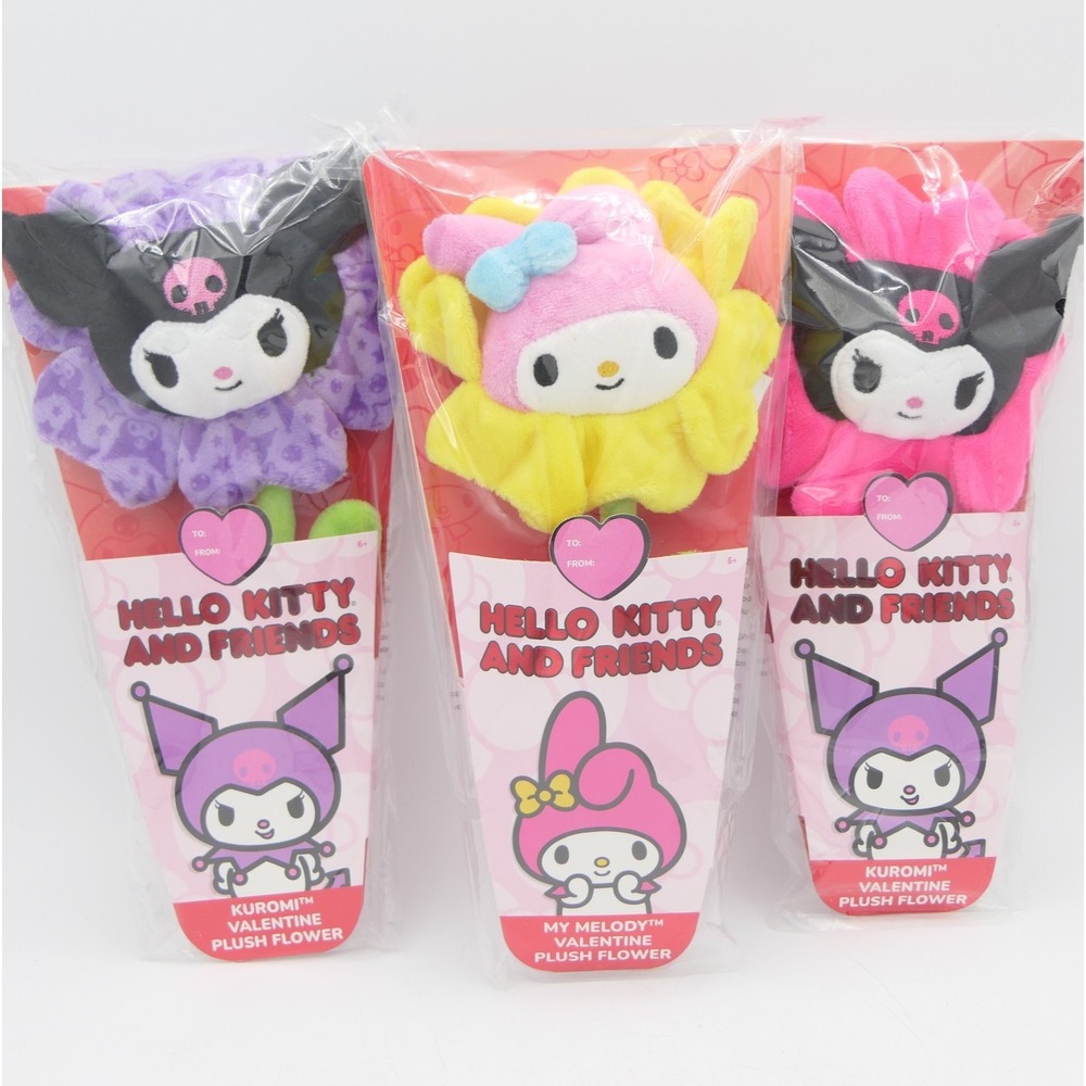 Hello Kitty And Friends Valentine Plush Flower 3 Pack My Melody & Kuromi